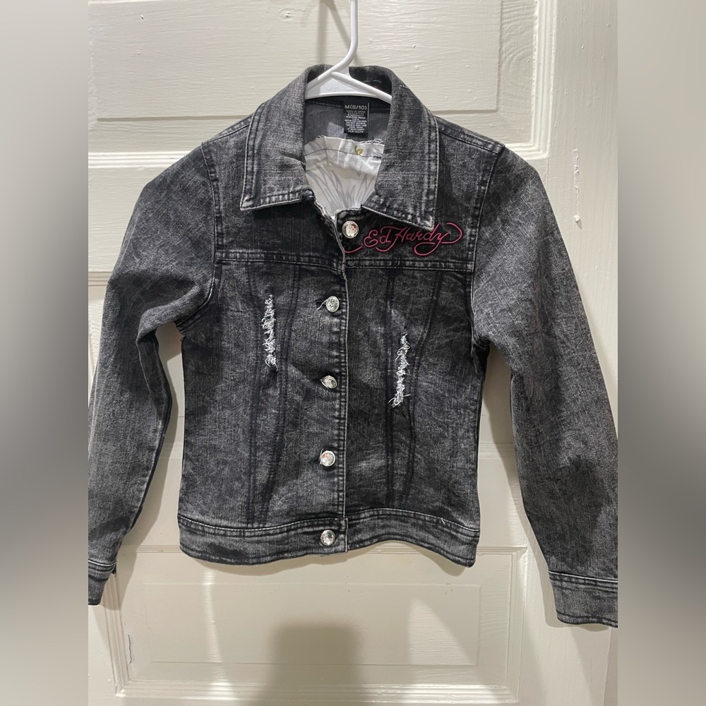 Vintage girl’s Ed Hardy Charcoal Denim Jacket, size medium 8/10